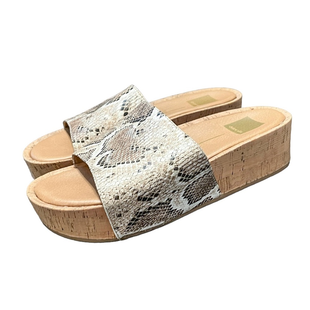 Dolce Vita Snake Print Cork Platform Slide Sandals in Beige and Tan